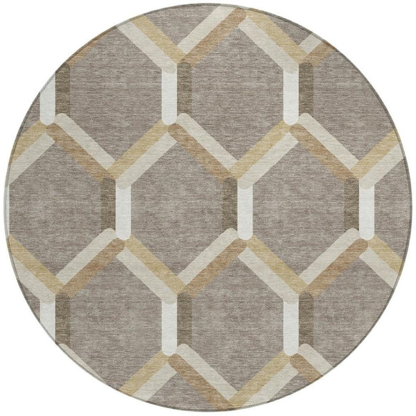 HomeRoots 8' Stylish Taupe Beige & Ivory Round Geometric Area Rug – Washable, Durable for Indoor & Outdoor Use 660591