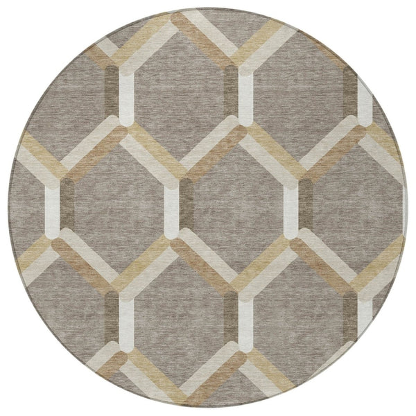 HomeRoots 8' Stylish Taupe Beige & Ivory Round Geometric Area Rug – Washable, Durable for Indoor & Outdoor Use 660591