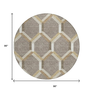 HomeRoots 8' Stylish Taupe Beige & Ivory Round Geometric Area Rug – Washable, Durable for Indoor & Outdoor Use 660591