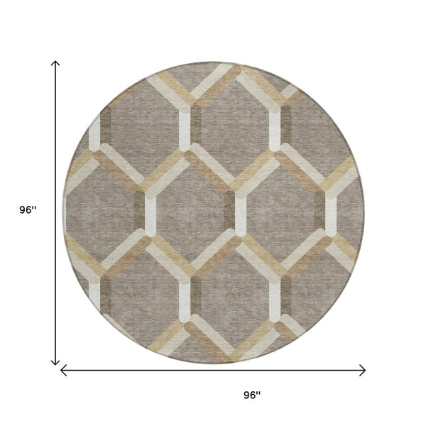HomeRoots 8' Stylish Taupe Beige & Ivory Round Geometric Area Rug – Washable, Durable for Indoor & Outdoor Use 660591
