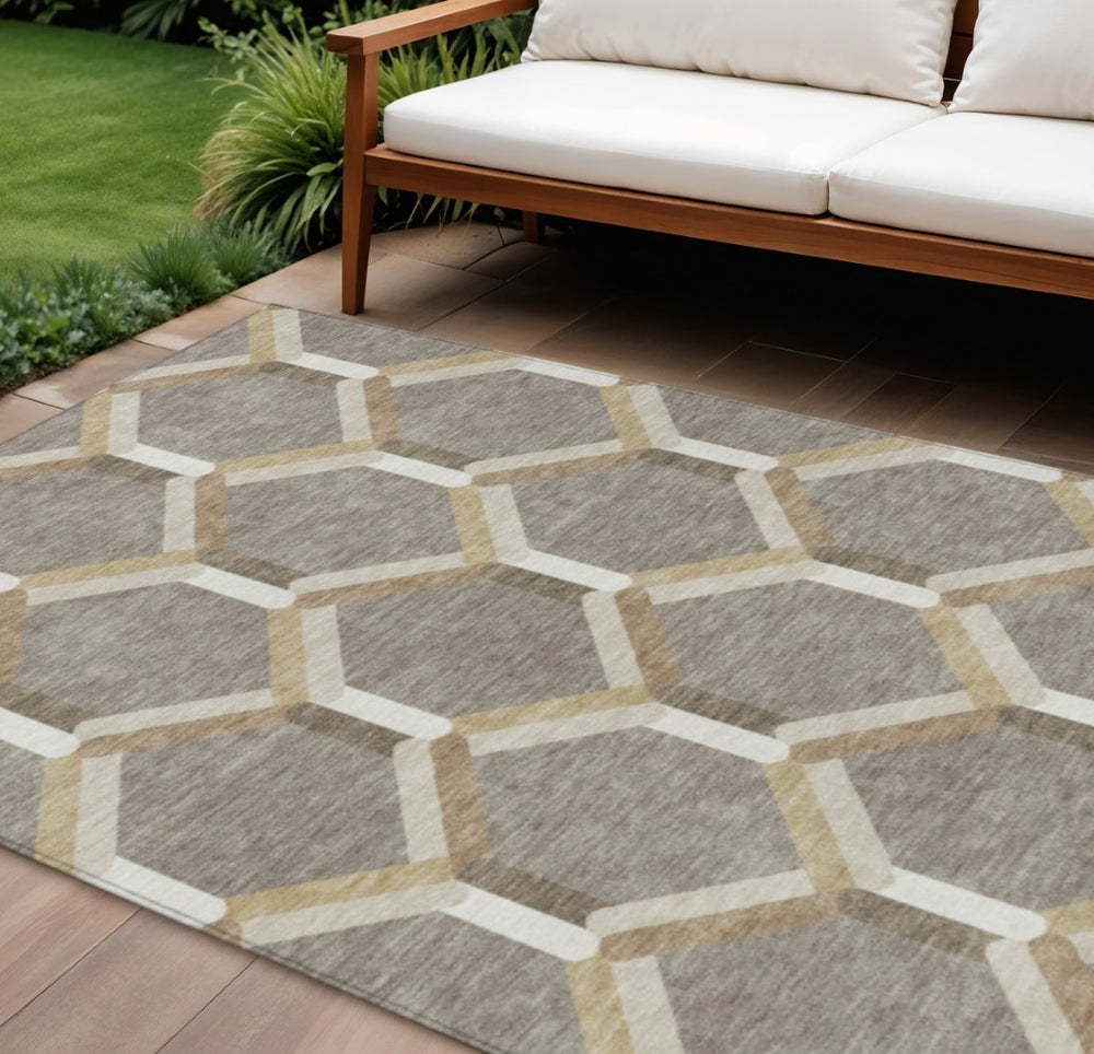 HomeRoots 10' Taupe Beige & Ivory Geometric Washable Area Rug – Stylish, Durable, Indoor/Outdoor Design for Any Space 660594