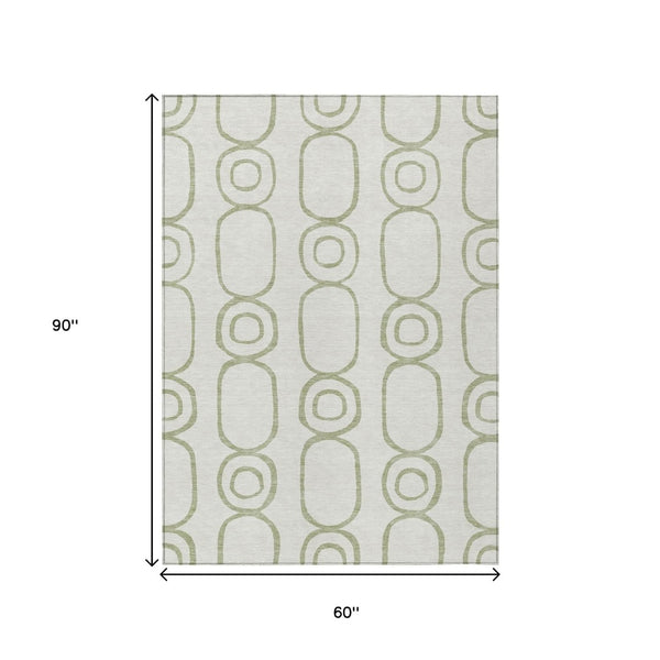 HomeRoots 5' Stylish Artichoke Green & Ivory Geometric Area Rug - Washable, Durable for Indoor & Outdoor Use 660596
