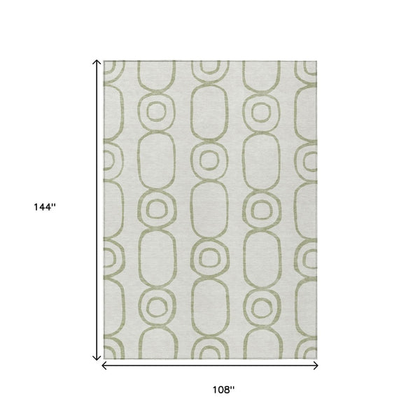 HomeRoots 9' X 12' Luxurious Artichoke Green & Ivory Geometric Washable Rug for Indoor & Outdoor Spaces 660599
