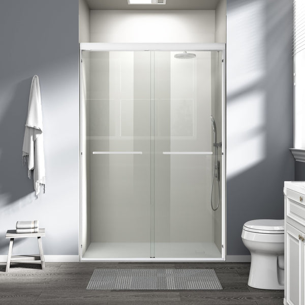 English Elm 44" Semi-frameless Double Sliding Shower Door Brushed Gold Tempered Glass Walk-in White W1920P385296