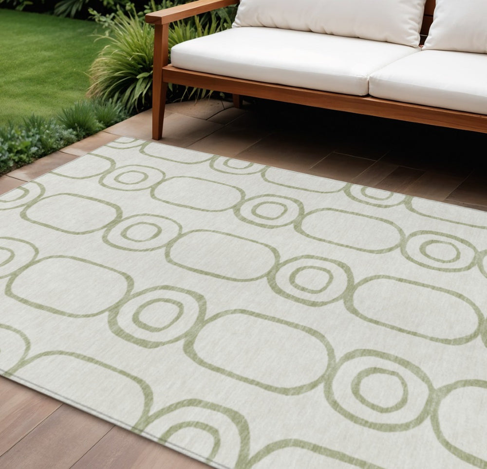 HomeRoots 10' Artichoke Green and Ivory Geometric Area Rug – Washable, Durable for Indoor & Outdoor Spaces! 660600
