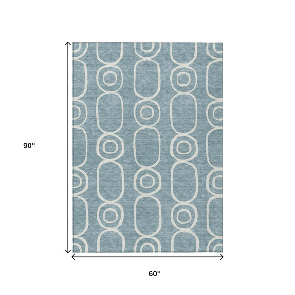 HomeRoots 5' Aqua and Ivory Geometric Area Rug - Washable, Durable, Modern Design for Indoor/Outdoor Use 660602