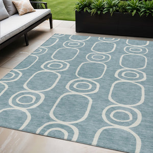 HomeRoots 5' Aqua and Ivory Geometric Area Rug - Washable, Durable, Modern Design for Indoor/Outdoor Use 660602