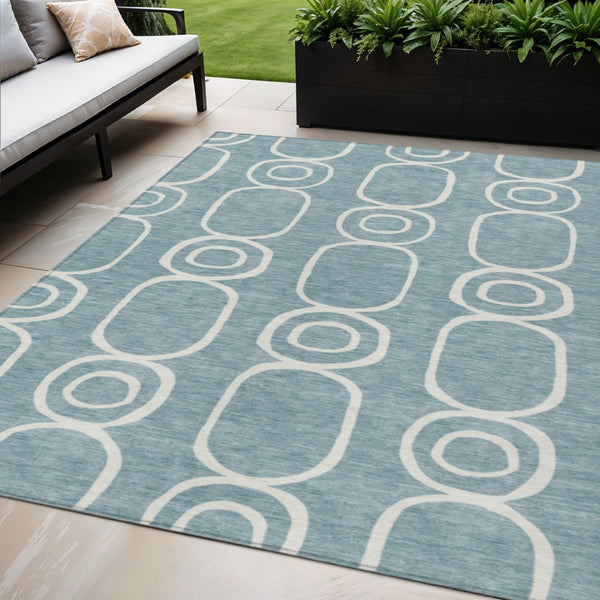 HomeRoots 5' Aqua and Ivory Geometric Area Rug - Washable, Durable, Modern Design for Indoor/Outdoor Use 660602