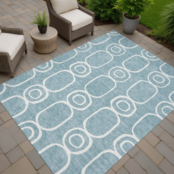 HomeRoots 5' Aqua and Ivory Geometric Area Rug - Washable, Durable, Modern Design for Indoor/Outdoor Use 660602