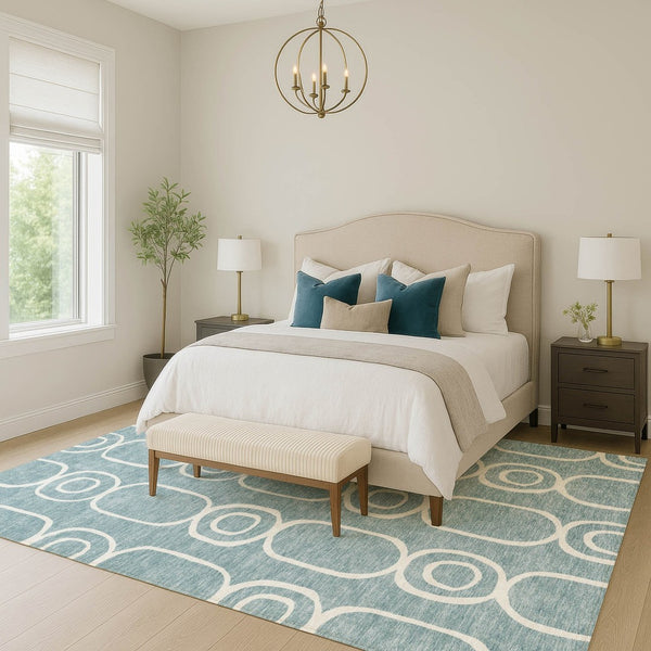 HomeRoots 5' Aqua and Ivory Geometric Area Rug - Washable, Durable, Modern Design for Indoor/Outdoor Use 660602