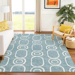 HomeRoots 5' Aqua and Ivory Geometric Area Rug - Washable, Durable, Modern Design for Indoor/Outdoor Use 660602