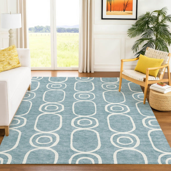 HomeRoots 5' Aqua and Ivory Geometric Area Rug - Washable, Durable, Modern Design for Indoor/Outdoor Use 660602