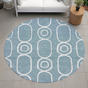 HomeRoots 8' Aqua And Ivory Round Geometric Area Rug – Durable, Washable, Indoor/Outdoor, Family-Friendly Design 660603
