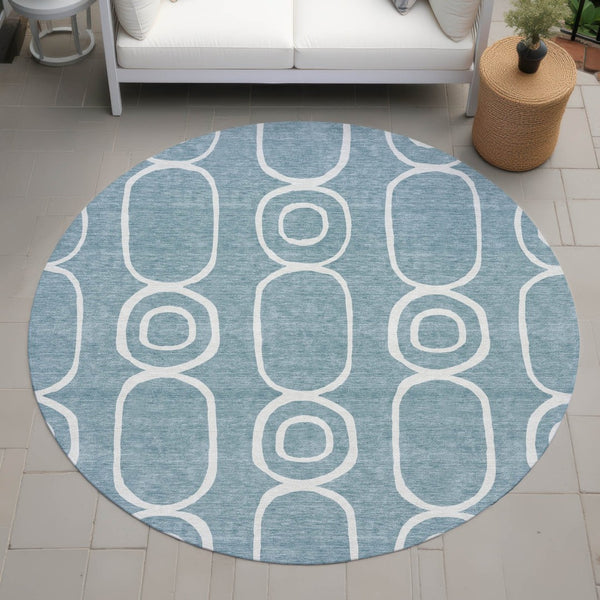 HomeRoots 8' Aqua And Ivory Round Geometric Area Rug – Durable, Washable, Indoor/Outdoor, Family-Friendly Design 660603