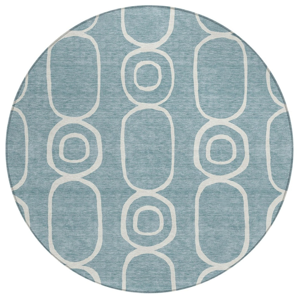 HomeRoots 8' Aqua And Ivory Round Geometric Area Rug – Durable, Washable, Indoor/Outdoor, Family-Friendly Design 660603