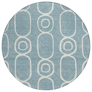 HomeRoots 8' Aqua And Ivory Round Geometric Area Rug – Durable, Washable, Indoor/Outdoor, Family-Friendly Design 660603