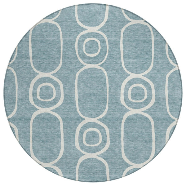 HomeRoots 8' Aqua And Ivory Round Geometric Area Rug – Durable, Washable, Indoor/Outdoor, Family-Friendly Design 660603