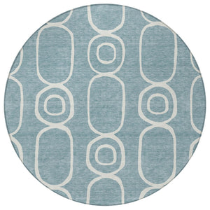 HomeRoots 8' Aqua And Ivory Round Geometric Area Rug – Durable, Washable, Indoor/Outdoor, Family-Friendly Design 660603
