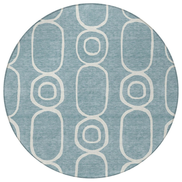 HomeRoots 8' Aqua And Ivory Round Geometric Area Rug – Durable, Washable, Indoor/Outdoor, Family-Friendly Design 660603