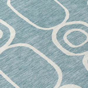 HomeRoots 8' Aqua And Ivory Round Geometric Area Rug – Durable, Washable, Indoor/Outdoor, Family-Friendly Design 660603