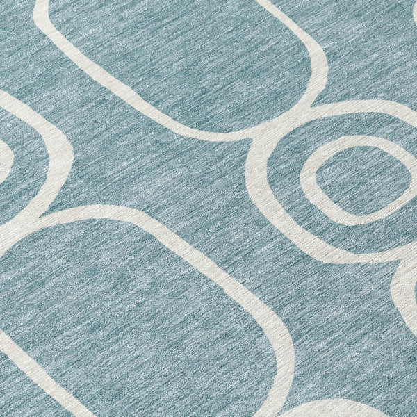 HomeRoots 8' Aqua And Ivory Round Geometric Area Rug – Durable, Washable, Indoor/Outdoor, Family-Friendly Design 660603
