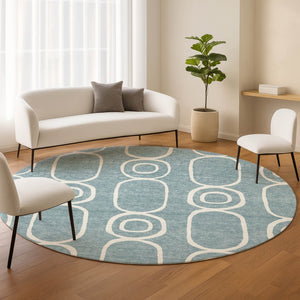 HomeRoots 8' Aqua And Ivory Round Geometric Area Rug – Durable, Washable, Indoor/Outdoor, Family-Friendly Design 660603