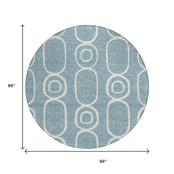 HomeRoots 8' Aqua And Ivory Round Geometric Area Rug – Durable, Washable, Indoor/Outdoor, Family-Friendly Design 660603