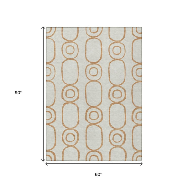 HomeRoots 5' Geometric Copper and Ivory Area Rug - Washable, Stylish, Durable for Indoor/Outdoor Use 660608