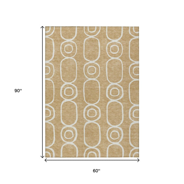 HomeRoots 5' Gold and Ivory Geometric Washable Area Rug - Stylish, Durable Indoor/Outdoor Design for Any Space 660614
