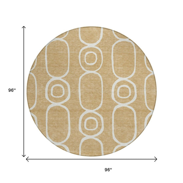 HomeRoots 8' Gold and Ivory Round Geometric Rug - Stylish, Washable Indoor/Outdoor Area Rug for High-Traffic Spaces 660615