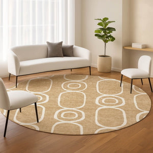 HomeRoots 8' Gold and Ivory Round Geometric Rug - Stylish, Washable Indoor/Outdoor Area Rug for High-Traffic Spaces 660615