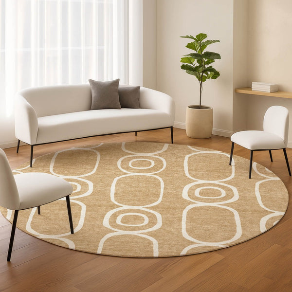 HomeRoots 8' Gold and Ivory Round Geometric Rug - Stylish, Washable Indoor/Outdoor Area Rug for High-Traffic Spaces 660615