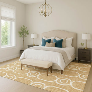 HomeRoots 9' Gold and Ivory Geometric Indoor Outdoor Area Rug - Washable, Stain-Resistant, Modern Design! 660617