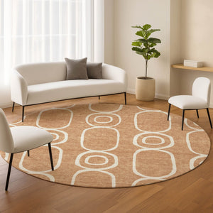 HomeRoots 8' Stunning Rust and Ivory Geometric Round Area Rug - Washable, Durable, Indoor/Outdoor Versatility! 660627