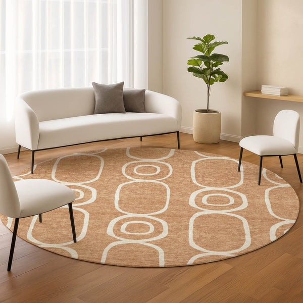 HomeRoots 8' Stunning Rust and Ivory Geometric Round Area Rug - Washable, Durable, Indoor/Outdoor Versatility! 660627