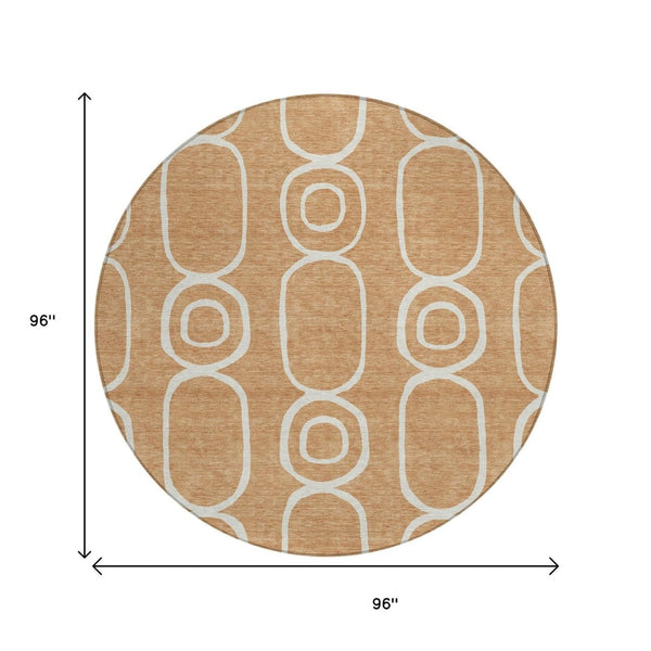 HomeRoots 8' Stunning Rust and Ivory Geometric Round Area Rug - Washable, Durable, Indoor/Outdoor Versatility! 660627