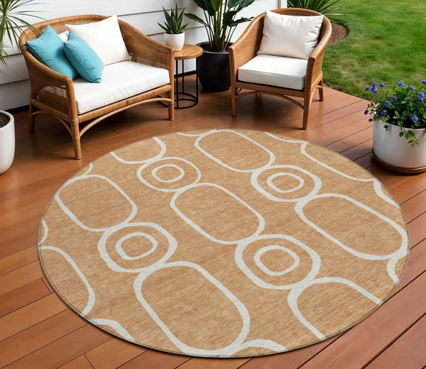 HomeRoots 8' Stunning Rust and Ivory Geometric Round Area Rug - Washable, Durable, Indoor/Outdoor Versatility! 660627