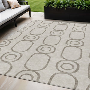 HomeRoots 5' Taupe Beige & Ivory Geometric Washable Indoor/Outdoor Rug - Durable, Stylish, Easy Care Solution! 660638