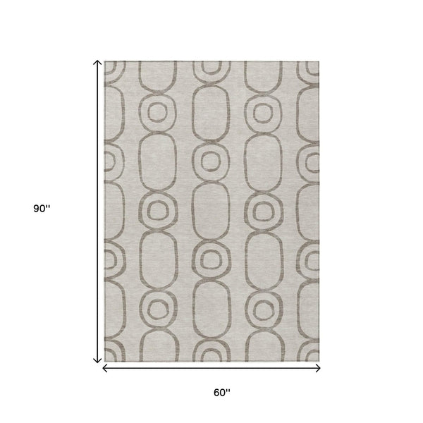 HomeRoots 5' Taupe Beige & Ivory Geometric Washable Indoor/Outdoor Rug - Durable, Stylish, Easy Care Solution! 660638