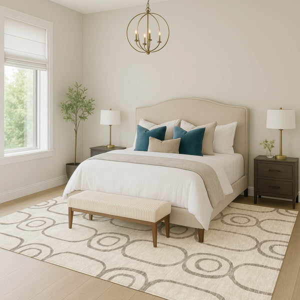 HomeRoots 5' Taupe Beige & Ivory Geometric Washable Indoor/Outdoor Rug - Durable, Stylish, Easy Care Solution! 660638