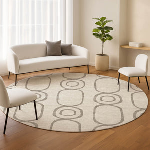 HomeRoots 8' Taupe Beige and Ivory Round Geometric Rug - Stylish, Washable Indoor/Outdoor Floor Covering 660639