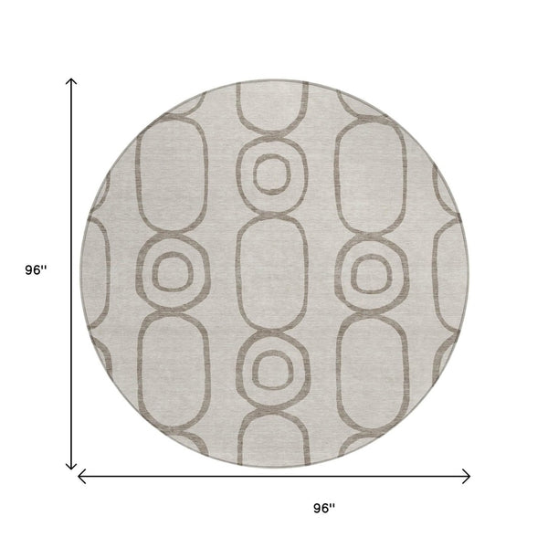 HomeRoots 8' Taupe Beige and Ivory Round Geometric Rug - Stylish, Washable Indoor/Outdoor Floor Covering 660639