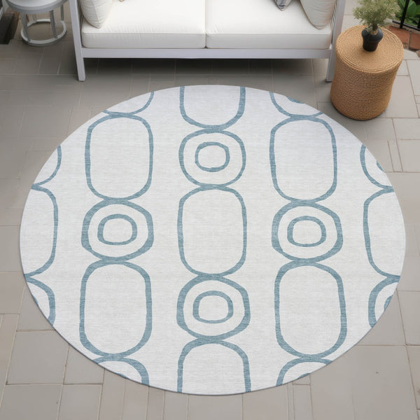 HomeRoots 8' Teal Blue and Ivory Round Geometric Area Rug - Stylish, Durable, Washable for Indoor & Outdoor Use 660645