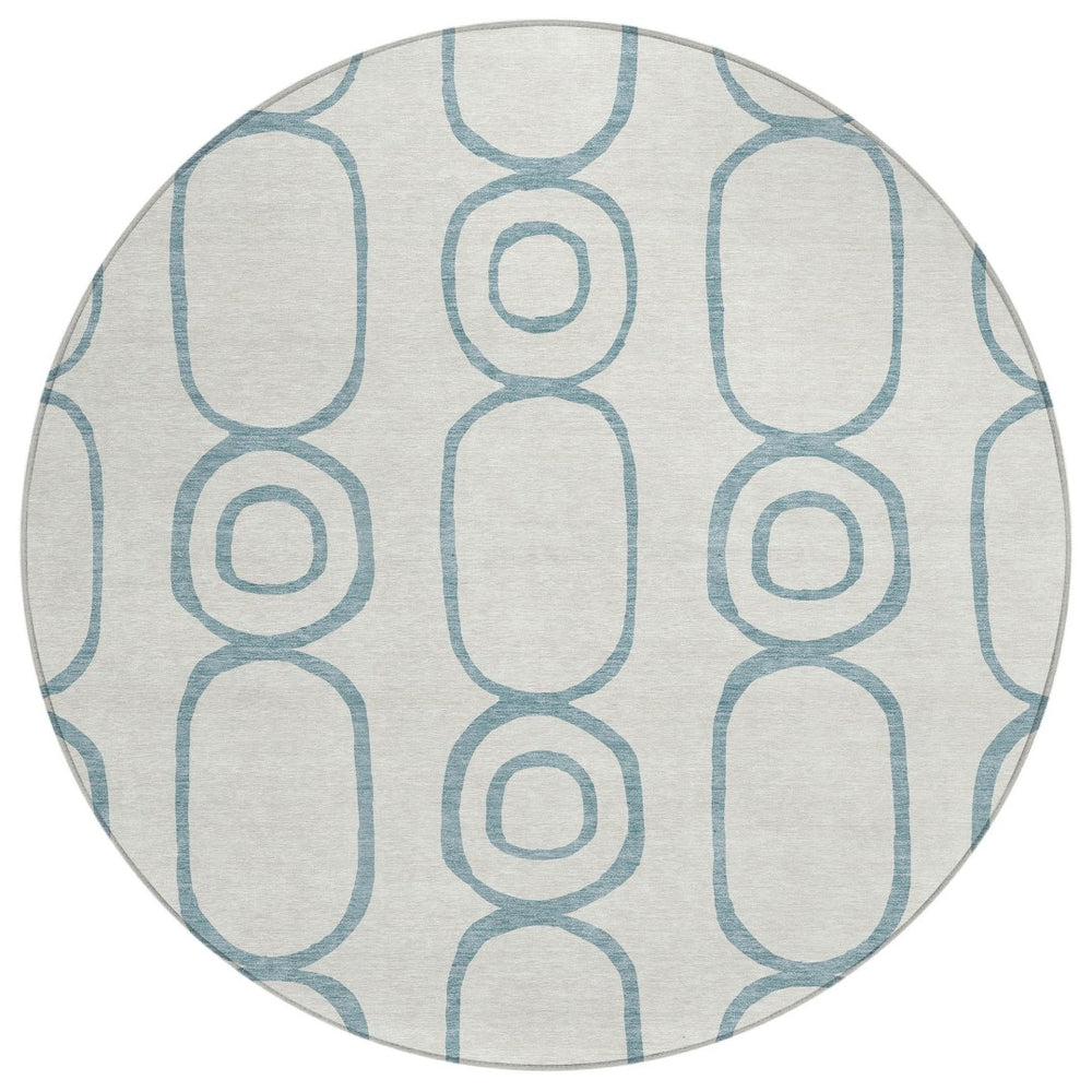 HomeRoots 8' Teal Blue and Ivory Round Geometric Area Rug - Stylish, Durable, Washable for Indoor & Outdoor Use 660645