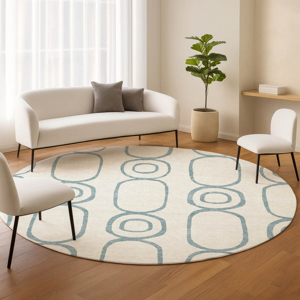 HomeRoots 8' Teal Blue and Ivory Round Geometric Area Rug - Stylish, Durable, Washable for Indoor & Outdoor Use 660645