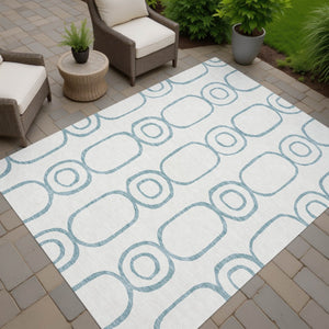 HomeRoots 9' X 12' Teal Blue & Ivory Geometric Washable Area Rug - Indoor/Outdoor, Stain-Resistant Fun! 660647