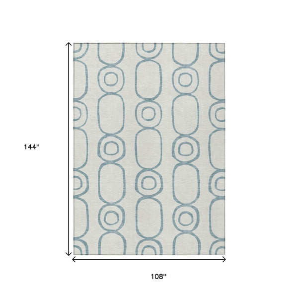 HomeRoots 9' X 12' Teal Blue & Ivory Geometric Washable Area Rug - Indoor/Outdoor, Stain-Resistant Fun! 660647