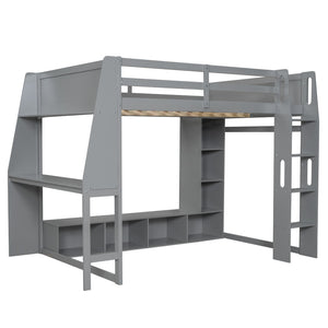 English Elm Wood Full Size Gaming Loft Bed Pine Frame with Led Lighting Desk and Storage Shelves N7090001042E-1
