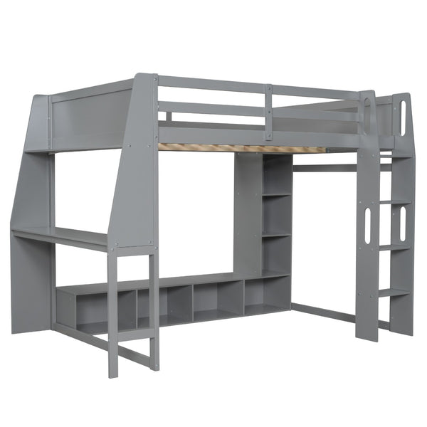 English Elm Wood Full Size Gaming Loft Bed Pine Frame with Led Lighting Desk and Storage Shelves N7090001042E-1