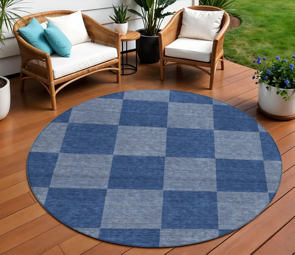 HomeRoots 8' Blue and Gray Round Rug - Stylish Geometric Design for Indoor/Outdoor Use, Machine Washable & Durable 660669